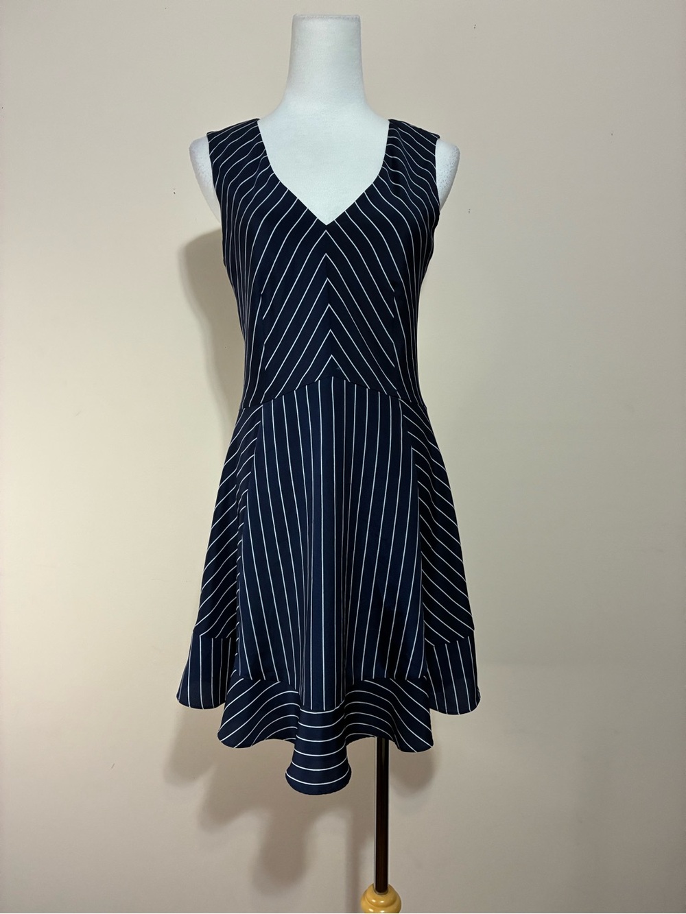 J. Crew Navy and White Striped V-Neck Fit & Flare Mini Dress